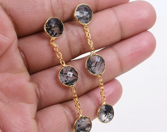 Handcrafted 18k Yellow Gold Vermeil Natural Black Rutile Quartz Dangle Earrings