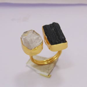 Herkimer Diamond & Black Tourmaline Ring: Gold Plated Adjustable Statement Ring