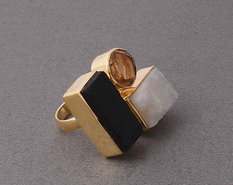 3 Stone Ring, Black Tourmaline Ring, Gold Plated Ring, Rainbow Moonstone Ring, Designer Ring, Statement Ring, Women's Fashion Jewelry