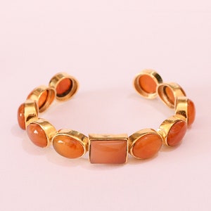 18K Gold Plated Cuff Bracelet, Natural Carnelian Cuff Bracelet, Designer Cuff Bracelet