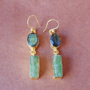 Labradorite & Green Kyanite Dangle Earrings: 18K Gold Plated