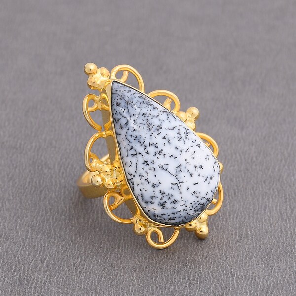 Handmade Brass Ring, Dendritic Opal Ring, Pear Shape Ring, Designer Ring, Statement Ring, Party Wear Ring, Gold Plated jewelry