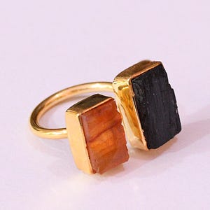 Bague tourmaline noire cornaline : bague double pierre plaquée or 18 carats