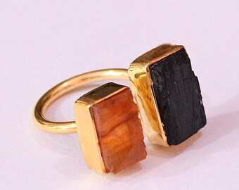 Carnelian Black Tourmaline Ring: 18K Gold Plated Double Stone Ring