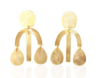 Indian Artisan Hand-Crafted Brass Chandelier Earrings, 18K Gold Plated Earrings, Plain Designer Earrings, Long Post Dangle Earrings