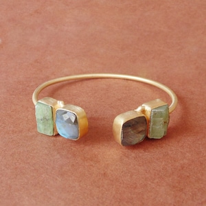 Handmade Labradorite & Kyanite Bangle: 18k Gold Plated Brass
