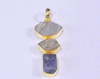 Handcrafted 18K Yellow Gold Plated Natural Herkimer Diamond And Tanzanite Gemstone Pendant