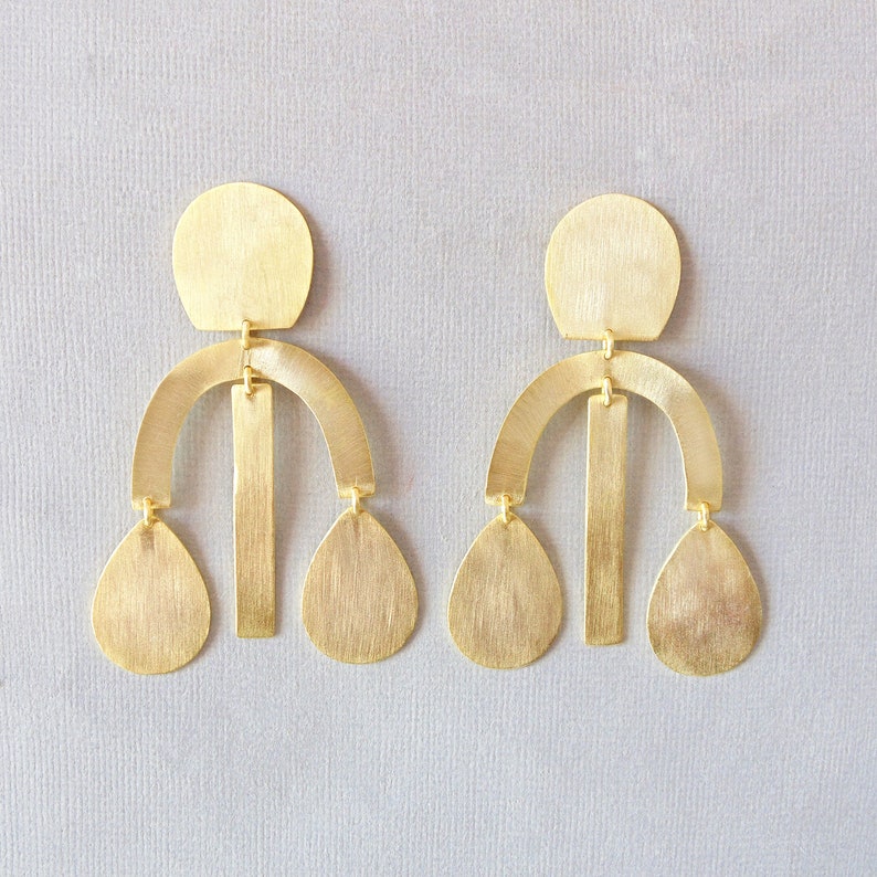 Indian Artisan Hand-Crafted Brass Chandelier Earrings, 18K Gold Plated Earrings, Plain Designer Earrings, Long Post Dangle Earrings image 2