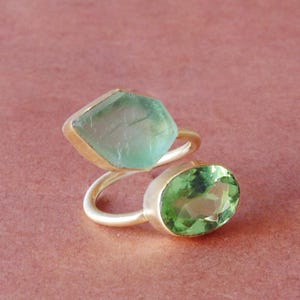 Handmade Ring, Green Amethyst Ring, Double Gemstone Ring, 18K Gold Vermeil Ring, Green Fluorite Ring, Bypass Design Ring, Adjustable Ring