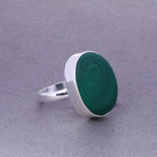 925 Sterling Silver Ring, Natural Green Malachite Ring, Oval Gemstone Ring, Bezel Set Ring, Silver Statement Ring, Gifts for Wife Birthday