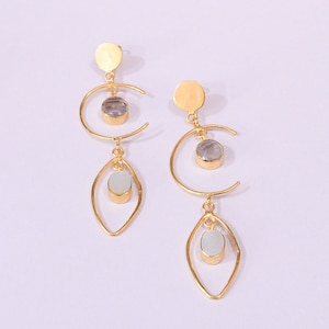 22K Gold Plated Dangle Earrings: Rose Quartz & Mother of Pearl
