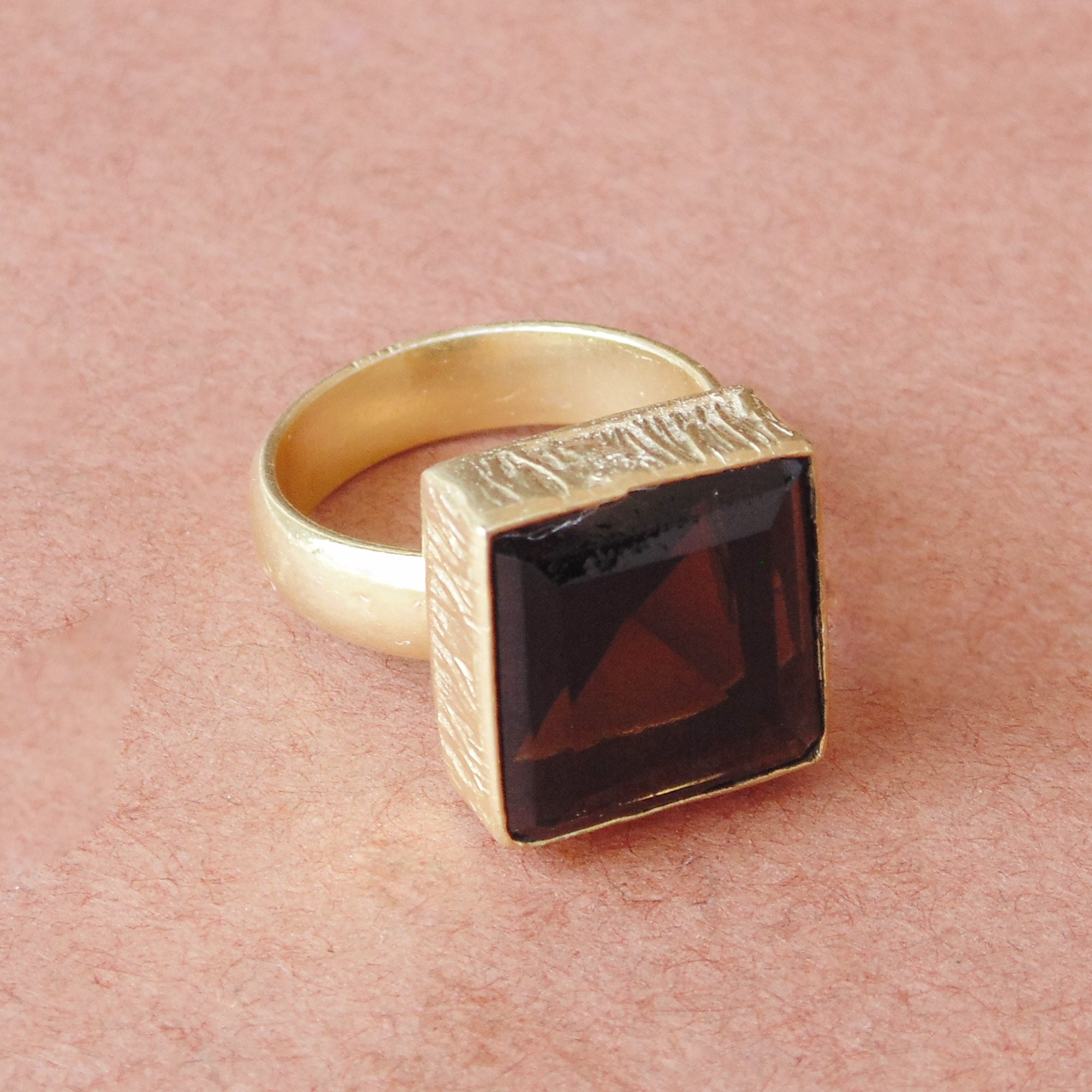 Smoky Quartz Ring: Square Brown Stone, 18K Gold Plated - Etsy