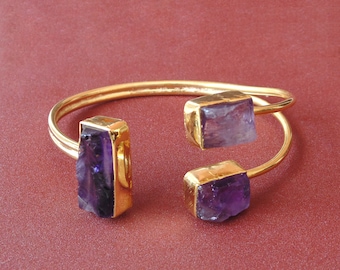 Natural Purple Amethyst Brass Bangle, Shiny Gold Plated February Birth Stone Jewelry For Women