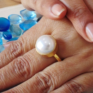 Handmade White Pearl Ring: 18K Gold Plated Brass, June Birthstone