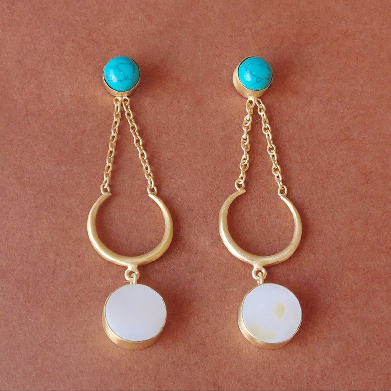 Mother Of Pearl Earrings Brass Earrings Fashion Earrings Dangle Earrings For Her Handmade Earrings Modern Earrings Turquoise Earrings