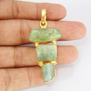 Green Kyanite & Aquamarine Pendant: 18K Gold Plated Brass