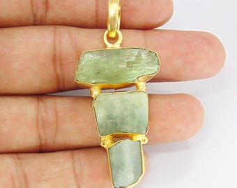 Wholesale Natural Gemstone Pendant, Green Kyanite Gemstone Jewelry Manufacturer, 22K Gold Plated Brass Pendant, Unique Gift For Her