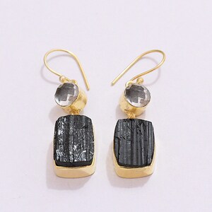 Wholesale Crystal Jewellery, Natural Black Tourmaline And Crystal Quartz Bezel Set Dangle Earrings