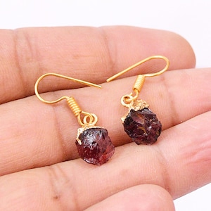 May include: A pair of gold-coloured earrings with raw, dark red garnet stones. The earrings have a simple hook design with a coiled accent connecting the stone to the hook. The garnet stones have a rough, natural texture.