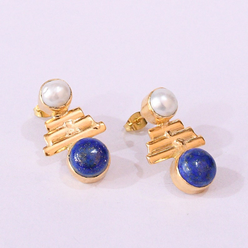 22k Gold Plated Jewellery, Lapis Lazuli Earrings, Designer Earrings, September Birthstone Earrings, Pearl Earrings, Post Earrings image 3