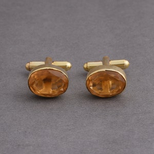 Handmade Citrine Cufflinks: Faceted Gold Plated Brass, Jaipur India