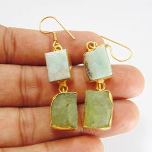 Handmade Prehnite Larimar Earrings: 18k Gold Vermeil Dangle Earrings