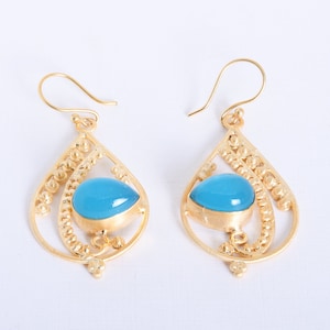 Blue Chalcedony Dangle Earrings: 18k Gold Plated Boho Jewelry