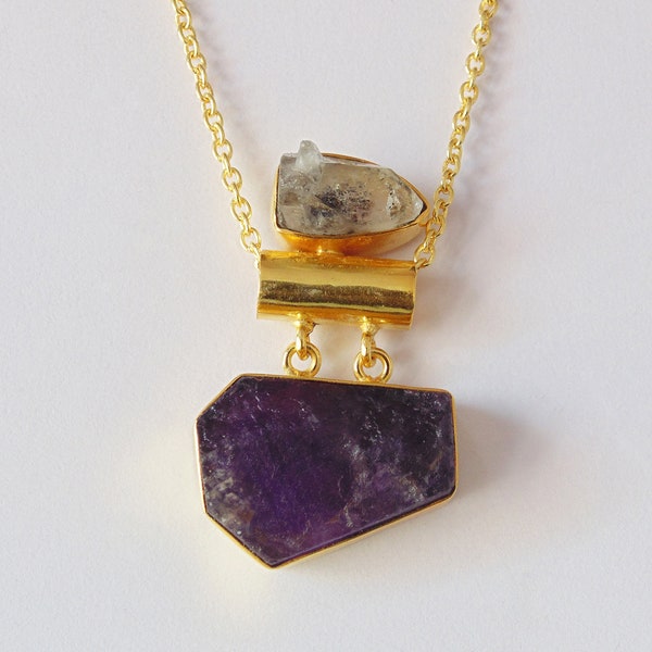 Artisan Crafted Pendant, Amethyst Necklace, Herkimer Diamond Pendant, Mineral Pendant, Designer Pendant, Healing Pendant For Women