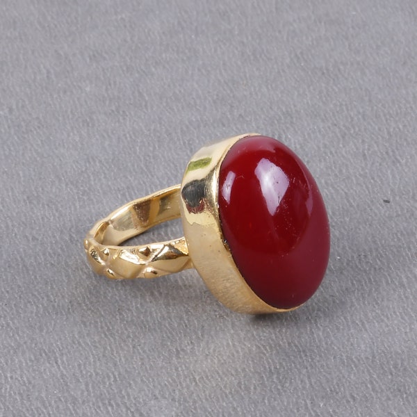 Handmade Ring, Red Coral Ring, 18K Yellow Gold Plated Ring, Brass Ring, Oval Stone Ring, Bezel Set Ring, Gold Statement Ring, Womens Ring