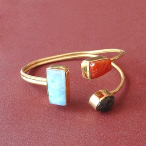 18K Gold Plated Cuff Bracelet, Natural Larimar Bangle, Labradorite Cuff, Three Stone Bangle, Carnelian Stone Bangle, Unique Gift For Her
