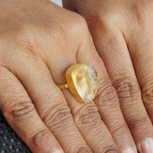 Raw Citrine Stone Ring: 18K Gold Plated Brass, November Birthstone