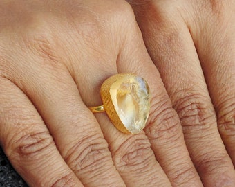 Natural Bright Raw Citrine Stone Ring With 18K Gold Flash Plating, Artisan Made November Birthstone Ring Jewelry