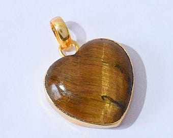 Tiger Eye Heart Pendant, 18k Gold Plated, Gemstone Jewelry