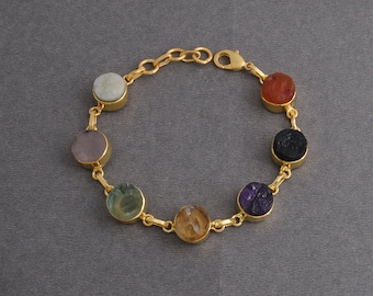 18K Gold Vermeil Raw Multi-Color Gemstone Bracelet: Multi-Stone Designer Jewelry