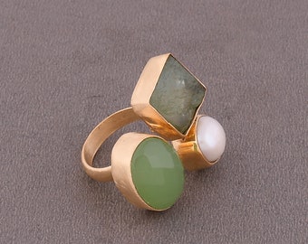 Handmade Ring, Aqua Chalcedony Ring, 18K Gold Plated Ring, Pearl Ring, Green Fluorite Ring, Bezel Set Ring, Pearl Ring, Unique Birthday Ring