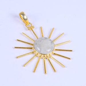 Rainbow Moonstone Sun Pendant: 18K Gold Plated Brass Bezel