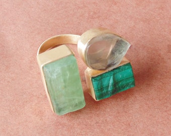 Raw Malachite, Kyanite & Fluorite Ring, 18K Gold Plated Brass