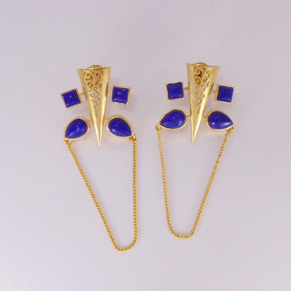 18K Gold Plated Earrings, Lapis Lazuli Earrings, Handmade Earrings, Unique Earrings, Gemstone Earrings, Dangle Chain Earrings, Gift For Her