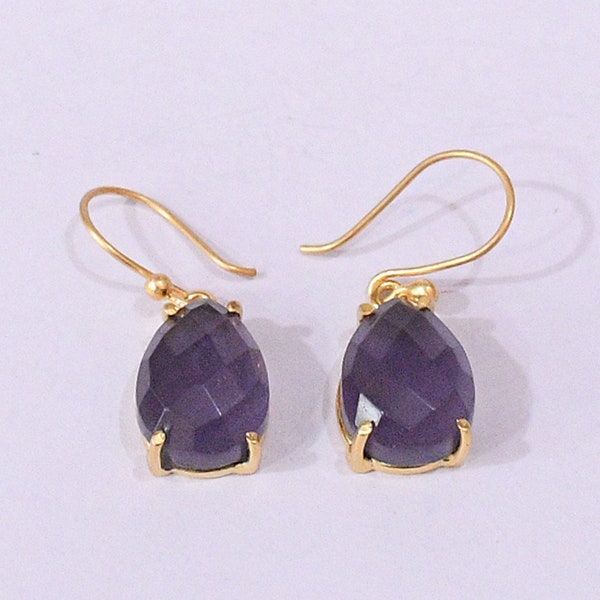 18-karätig vergoldeter Schmuck, Ohrringe mit Krappenbesatz, Amethyst-Ohrringe, Ohrringe in Birnenform, Tropfenohrringe