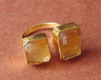 Raw Citrine Ring: 18K Gold Plated Adjustable Brass Statement Ring