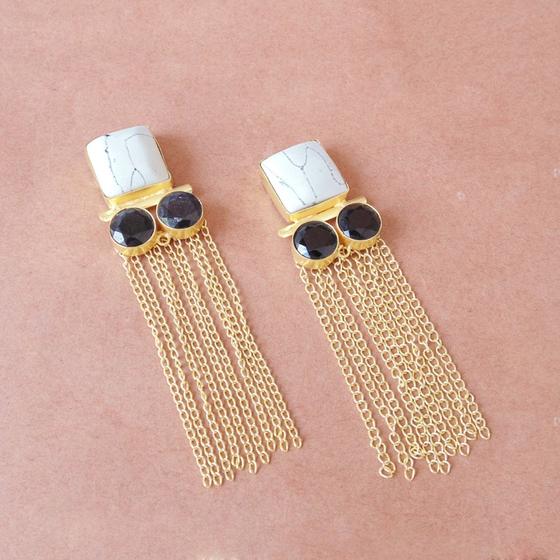 Bridal Earring Handmade Earrings Long Chain Earrings Party Wear Earrings 18K Gold Plated Earrings Black Onyx Earrings Howlite Earrings