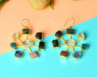 Multi Gemstone Dangle Earrings, 18K Gold Plated Brass