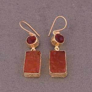 Handmade Carnelian & Garnet Earrings: Gold Plated Brass Dangle Earrings