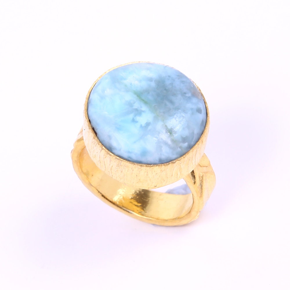 18K Gold Plated Ring Natural Larimar Ring Round Gemstone - Etsy