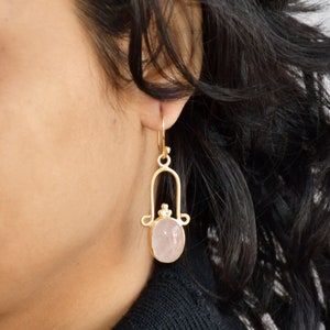 18K Gold Plated Rose Quartz Earrings: Oval Cabochon Gemstone