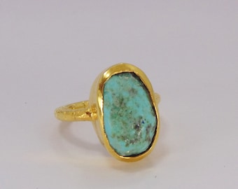Natural Arizona Turquoise Ring: Hammered Gold Plated Bezel Ring