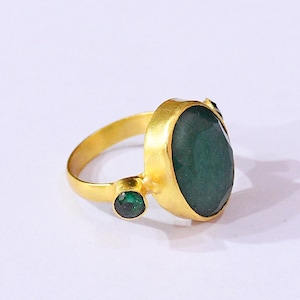 Green Corundum Statement Ring: 18K Gold Plated, CZ Accents