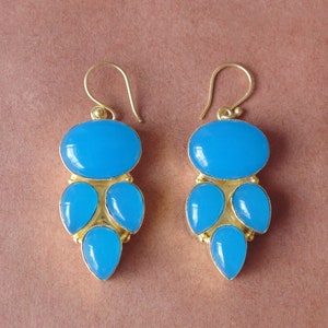 Blue Chalcedony Dangle Earrings: 18K Gold Plated Designer Jewelry