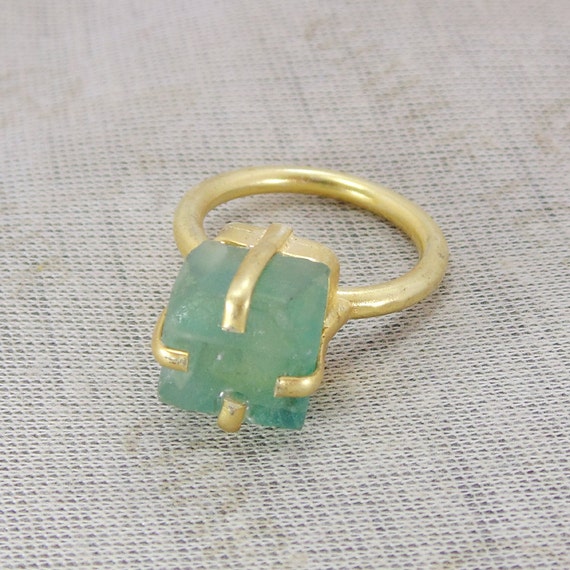 Natural Gemstone Ring Brass Ring Prong Set Ring Green Fluorite Ring Artisan Brass Ring Brass Stacking Ring 18K Gold Vermeil Ring