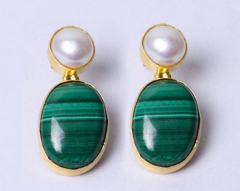 Natural Green Malachite and White Pearl Post Stud Earrings Made In 18K Yellow Gold Plated Over Brass, Bezel Set Gemstone Jewelry For Women